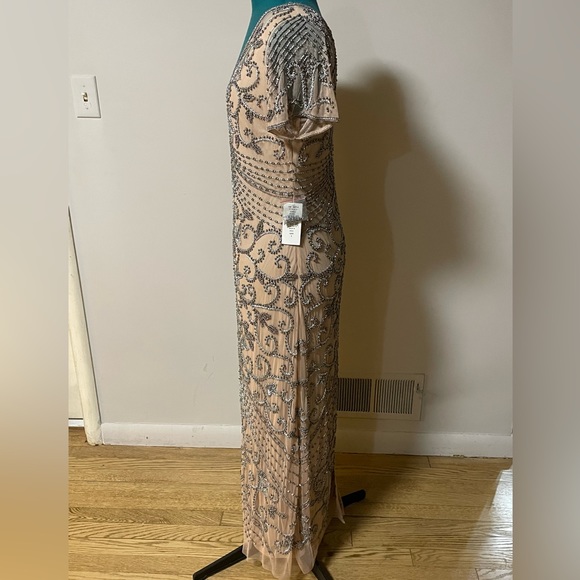 NWT PISARRO NIGHTS Beaded Rose Nude Mesh Longline Dress Red Carpet Evening Gown - Picture 7 of 13